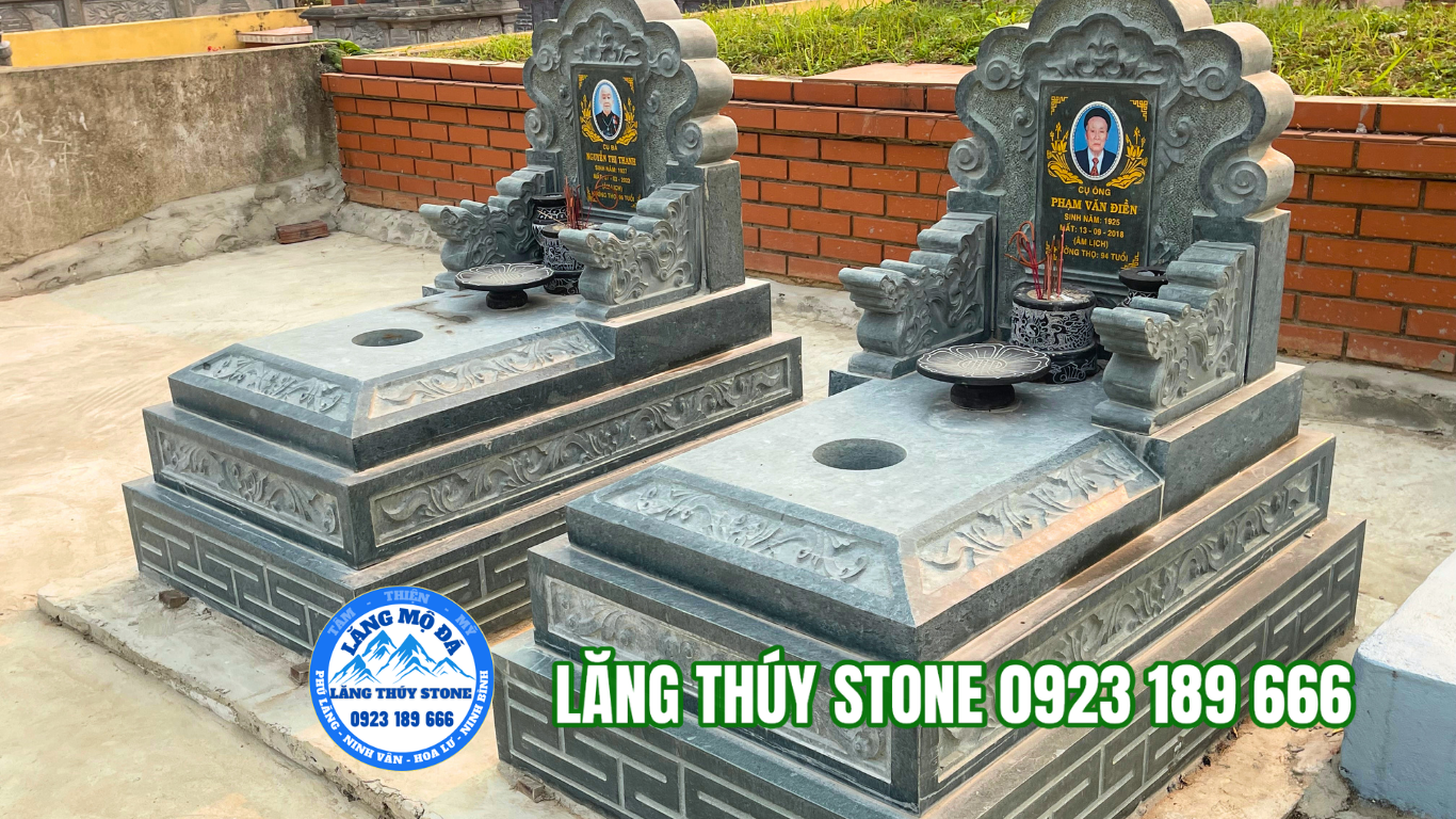 Xưởng sản xuất lăng mộ đá Ninh Bình – Lăng Thuý Stone Mộ đá đôi xanh đen chạm khắc hoa văn đẹp
